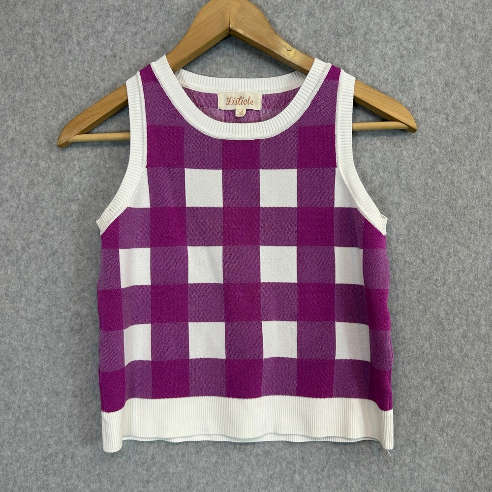 Listicle Gingham Sweater Vest Purple Pink White Check Knit Tank Top Girls Large